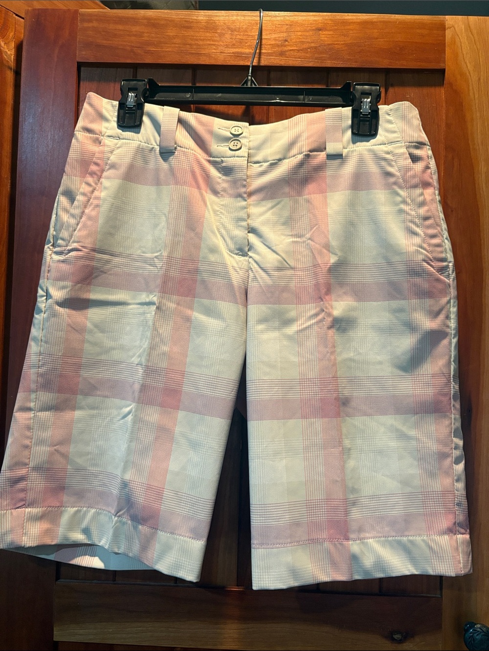 Nike Golf Dri-Fit Beige Shorts with Pink and White Plaid Stripes